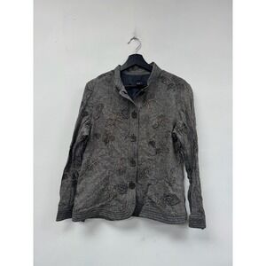 VTG RQT Blazer Womens 14 Gray Linen Blend Embroidered Floral Button Front Jacket
